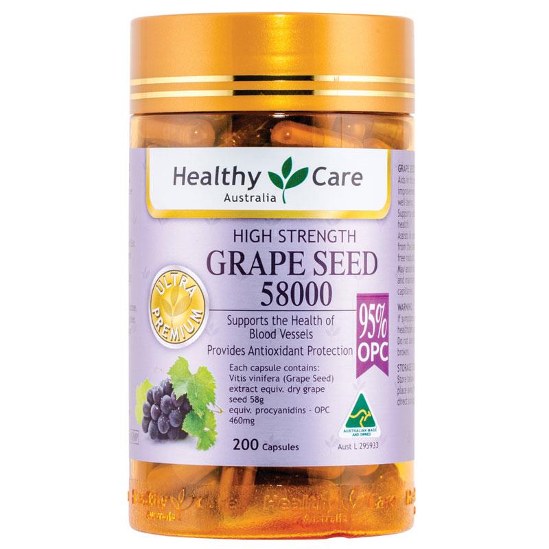Healthy Care Grape Seed 58000mg 200Tabs Collagen Formation Antioxidant VitaminC Free Radical Damage Skin Health Relieve Swelling