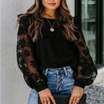 Women Fashion Mesh Patchwork Round Neck Long Sleeve Blouse Black Lace Falbala Transparent Flower Bubble Sleeve Pullover Tops