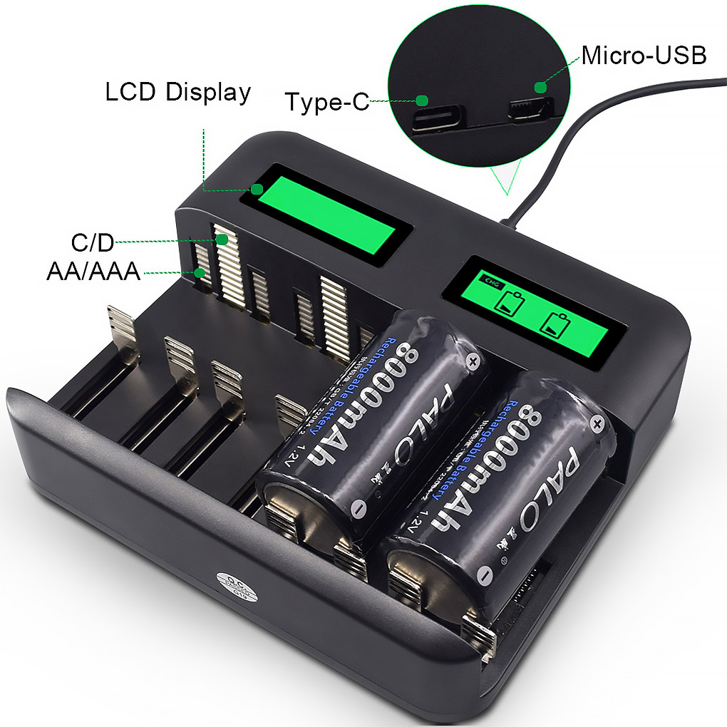 8-Slot Battery Charger USB Powered AA/AAA/C/D Rechargeable Battery Charger with LCD Display