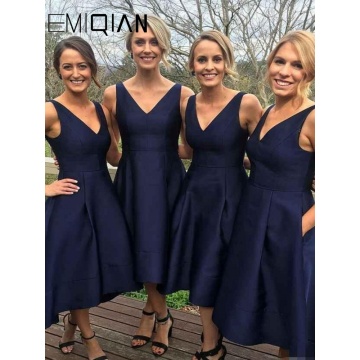 Navy Blue Formal Dress,Wedding Party Dress,A Line V Neck High Low Sexy Bridesmaid Dresses