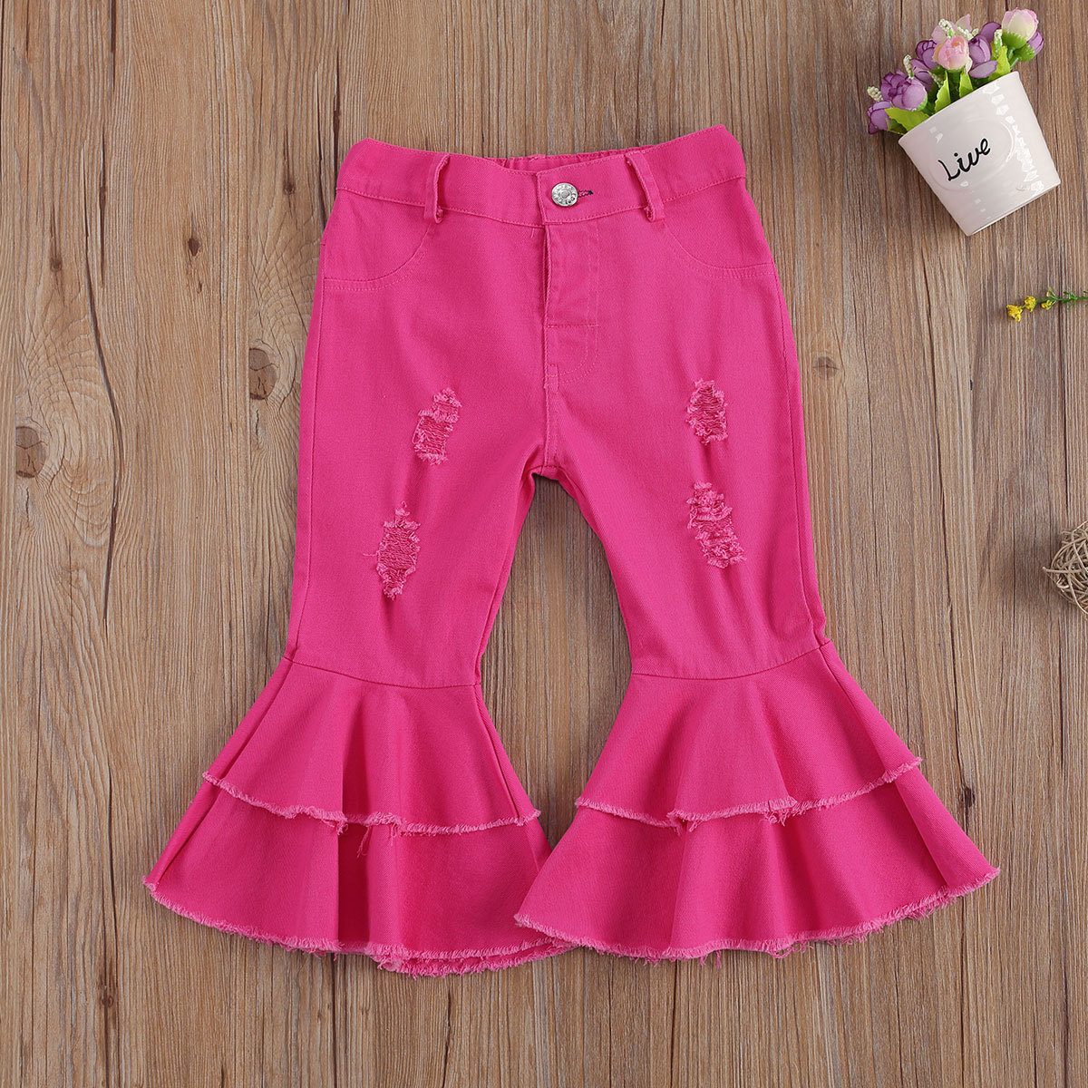 2-6Years Kids Girls Jeans Flare Pants Solid Elastic Waist Button Denim Hole Trousers Pants 5 Colors