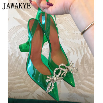 New Green PVC Transparent Crystal Shoes Woman High heel Sandals pointy Goblet heels Slingbacks Sexy Shinny Party Shoes Woman