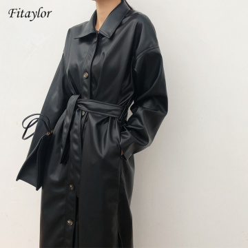 Fitaylor PU Leather Long Jacket 2020 New Spring Women Loose Belt Faux Leather Windbreaker Trench Coat Slim Spring Jacket