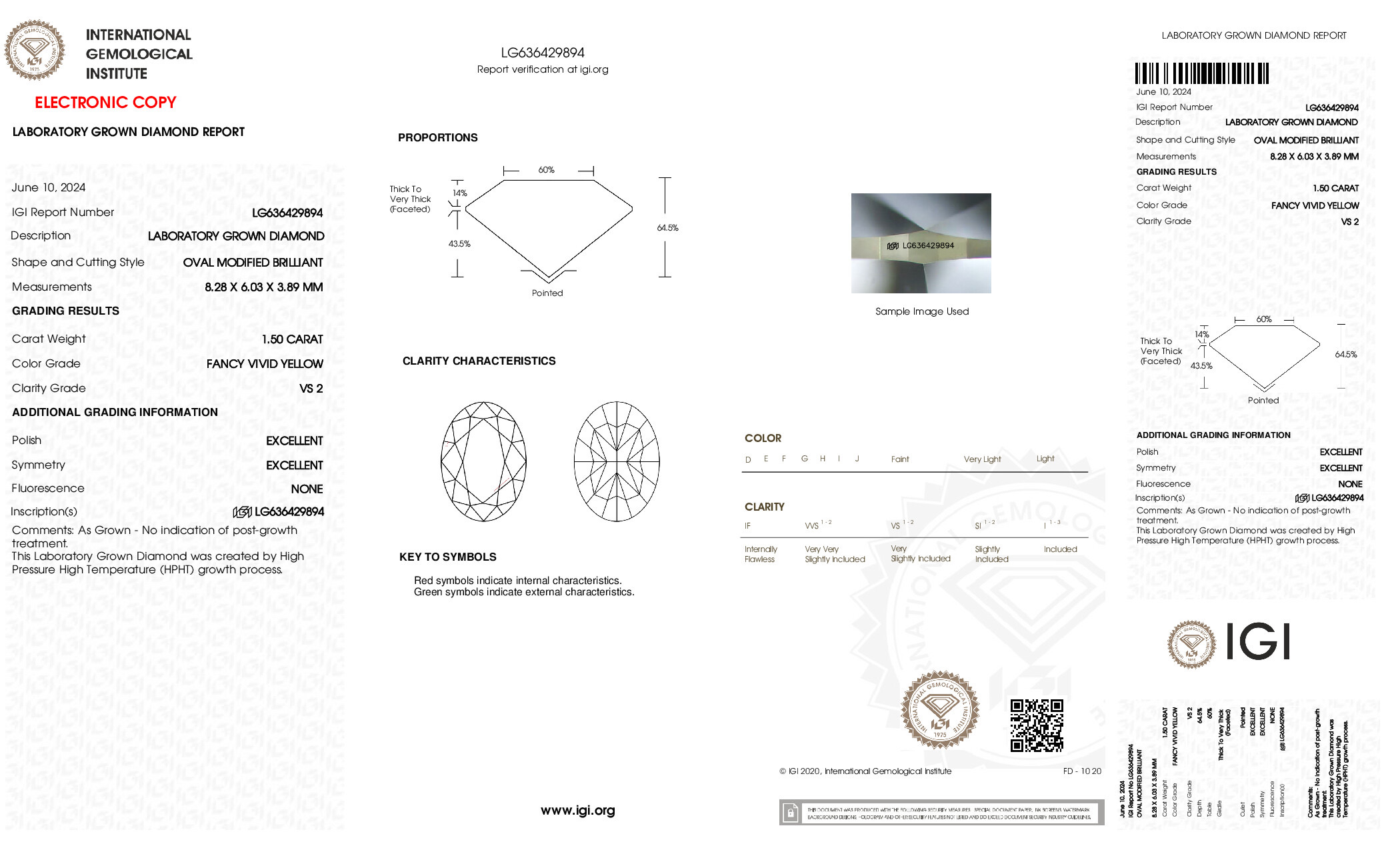 IGI report for a 1.50 carat Fancy Vivid Yellow VS2 oval lab grown diamond