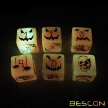 Set of 6 Bescon Halloween Dice 6 Sides, Glow in Dark and Solid Black 6 Sided Halloween Dice Set in Velvet Pouch