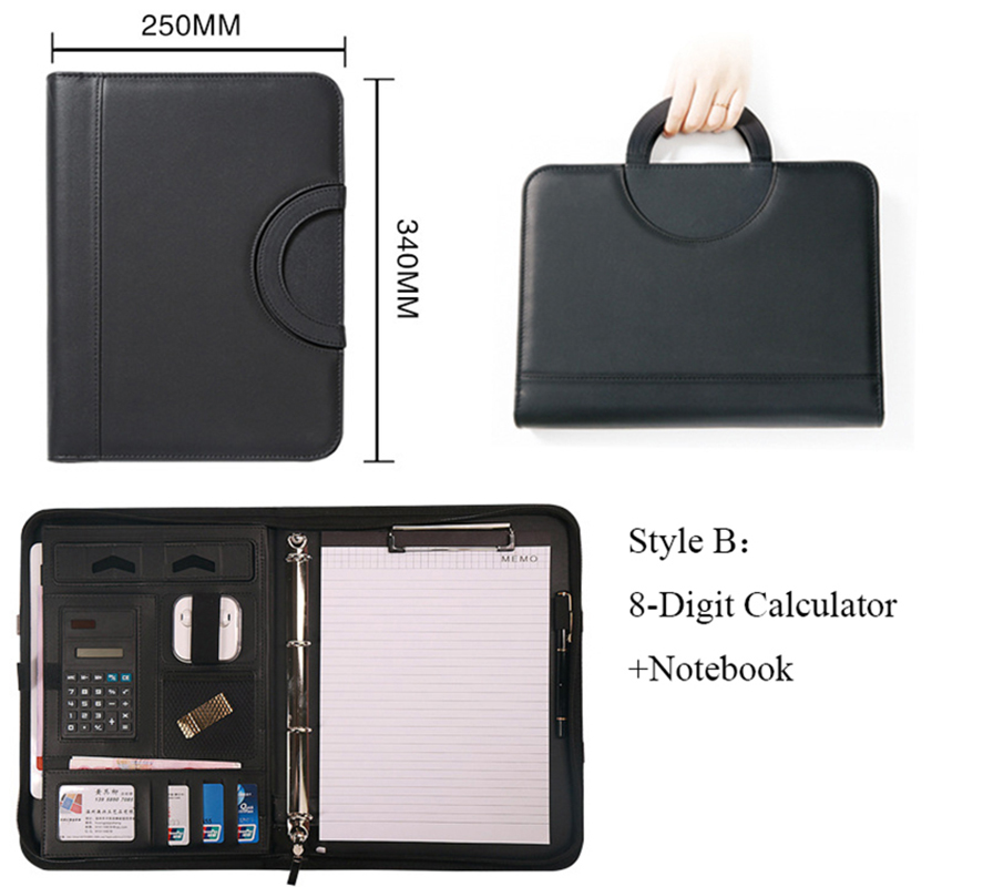 A4 Portable File Folder with Calculator Binder Organizer Manager Office Document Pad Briefcase PU Leather Padfolio Bag Customize