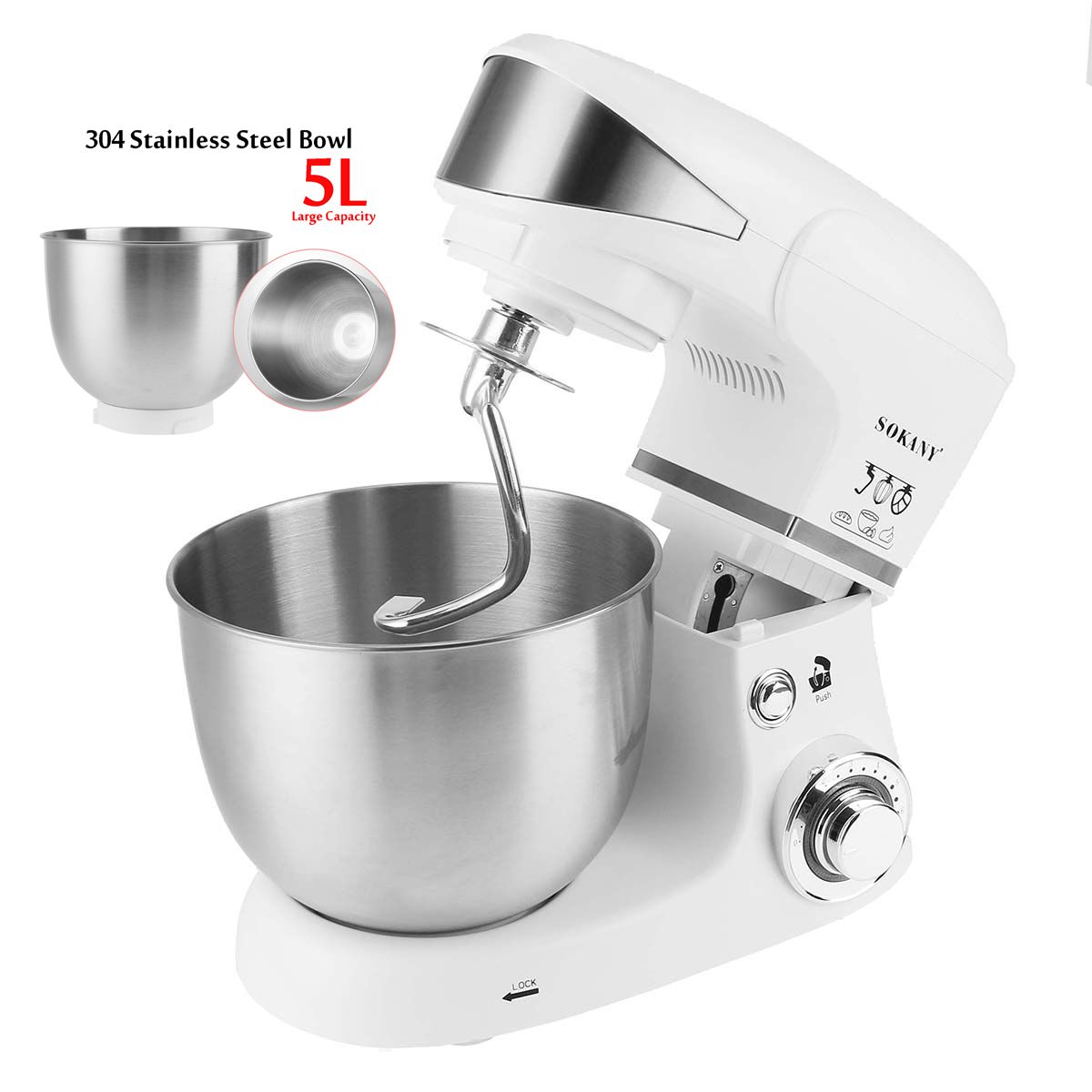 5L SOKANY Stainless Steel Bowl 6-speed Stand Mixer Kitchen Food Cream Egg Whisk Blender Dough Bread Mixer Maker Machine 7PCS/set