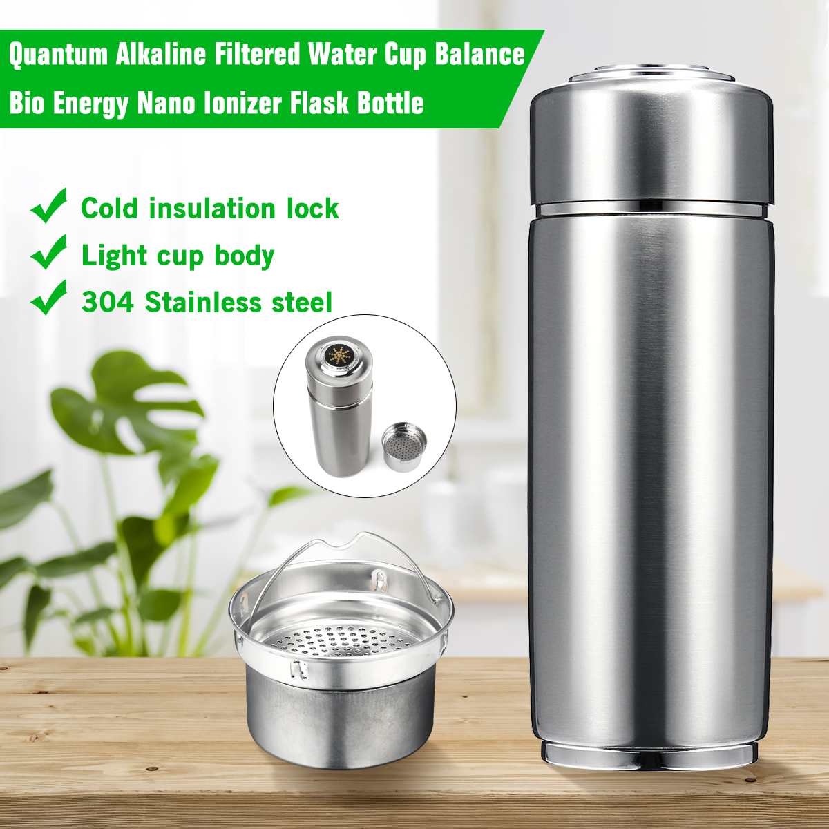 Stainless Steel Quantum Alkaline Filtered 400ml Water Cup Balance Bio Energy Nanos Ionizer Flask Bottle Electrolytic Energy Cup