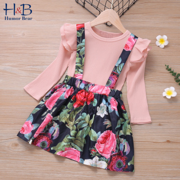 Humor Bear Baby Girls Clothing Sets Spring Autumn Outfit Long Sleeve + Flower Strap Dress Cute Kids Children Clothes Cute Suit