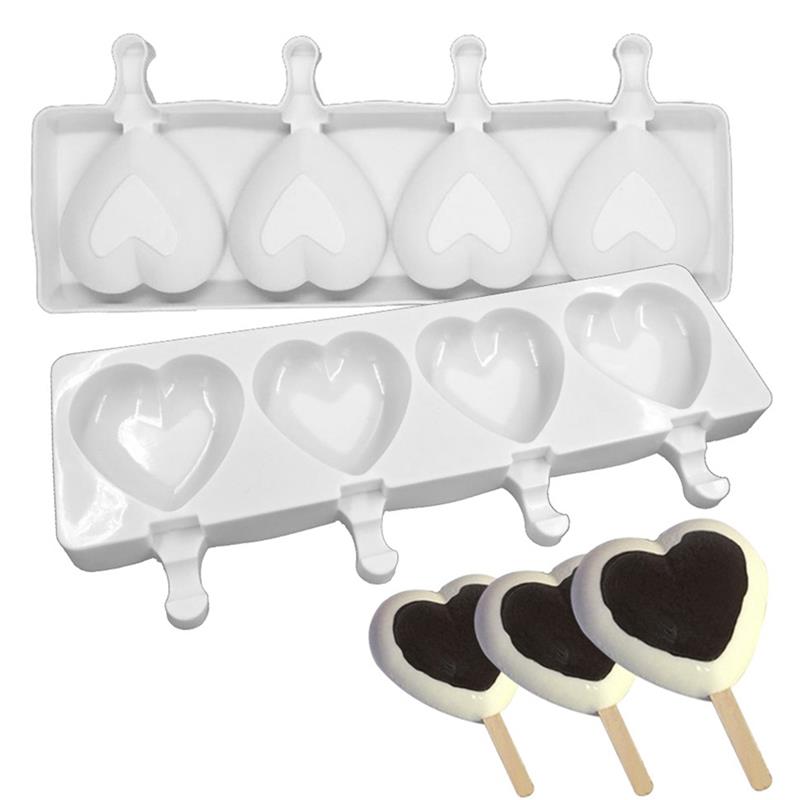 Ice Cream Mold 4 Cavities Heart Shaped Popsicle Mold Ice Pop Mold With Sticks Silicone Cake Mould Dessert Baking Tools