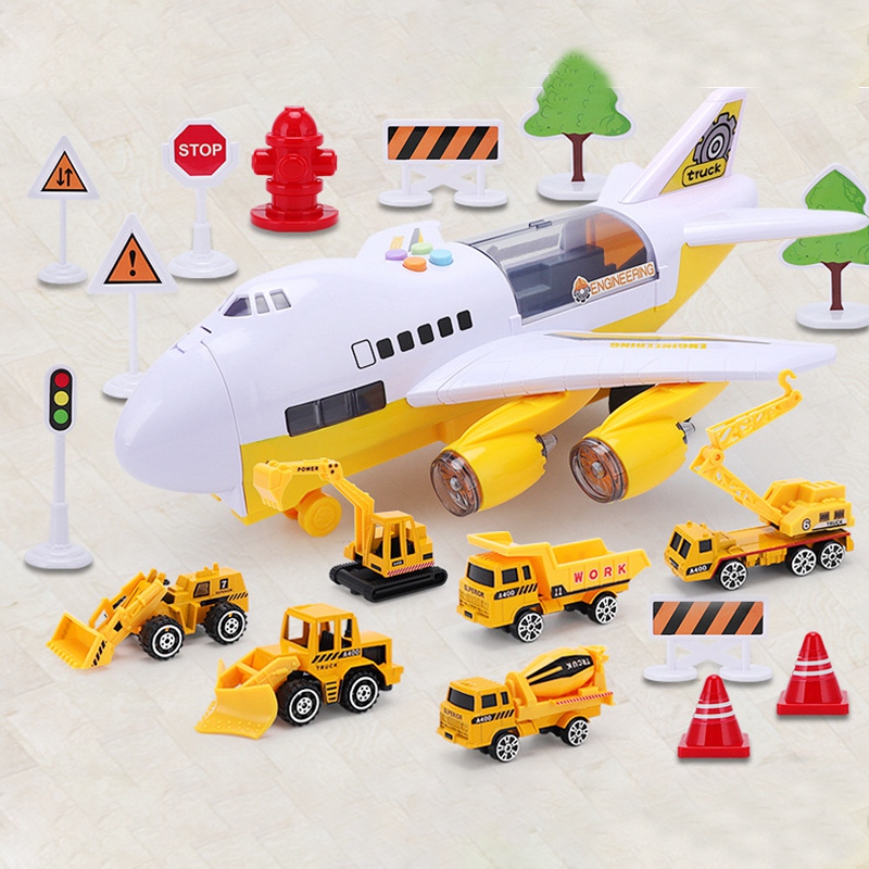 Car Toys Set with Transport Cargo Airplane Educational Vehicle Construction Car Set for Kids with Large Play Mat