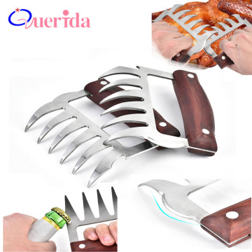 2 Pcs/Set Stainless Steel Bear Claw Wooden Handle Meat Divided Tearing Flesh Multifunction Meat Shred Pork Clamp BBQ Tool