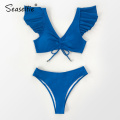 SEASELFIE Sexy Ruffled Drawstring Bikini Sets Swimwear Women Swimsuits Bathing Suit 2021 Solid Blue Tank Top Bikinis Beachwear