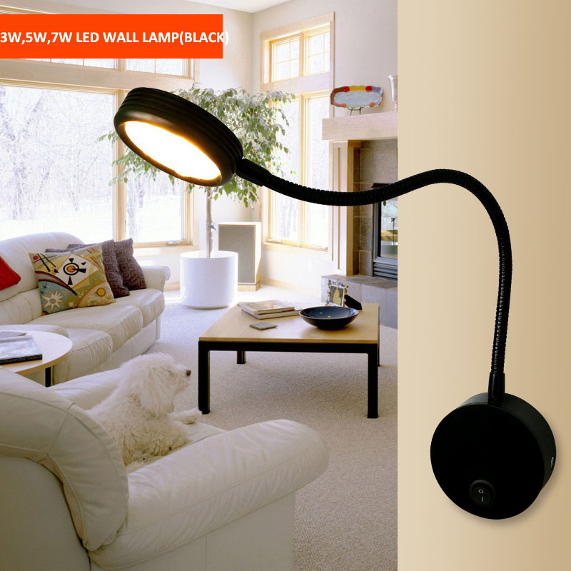 LED Wall Lamp AC90-260V Silver Bedroom Bedside Reading Lights Knob Switch Flex Direction Adjustable Indoor Porch Hotel Lighting