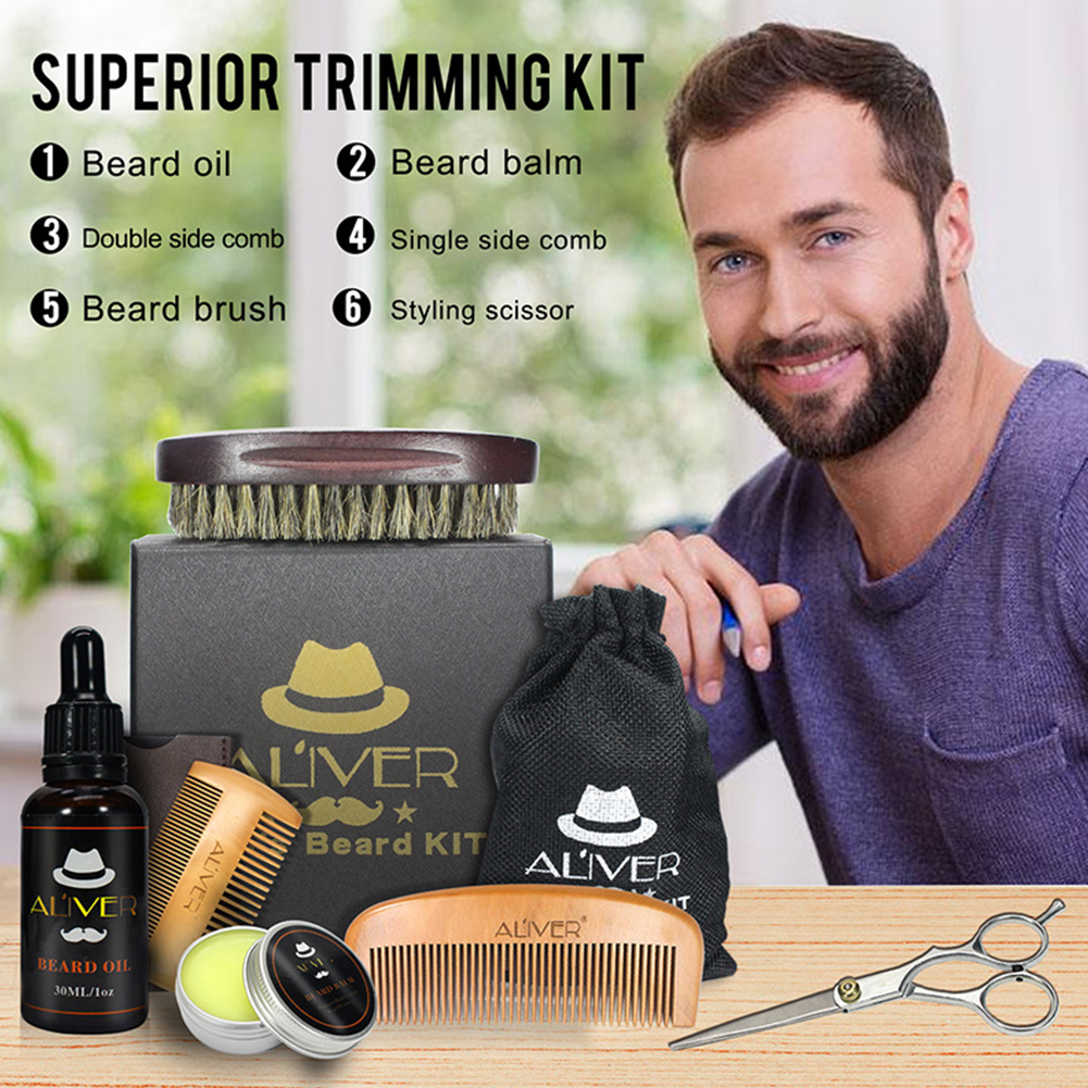 Men Comb Scissor Brush Styling Shaping Set Oil Trimming Balm Growth Grooming Beard Care Kit 6pcs