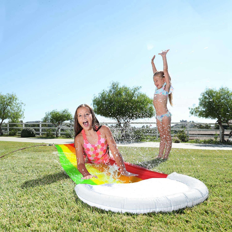 Lawn Water Slides Rainbow Slip Slide with Splash Sprinkler and Crash Pad for Kids Backyard Swimming Pool Games