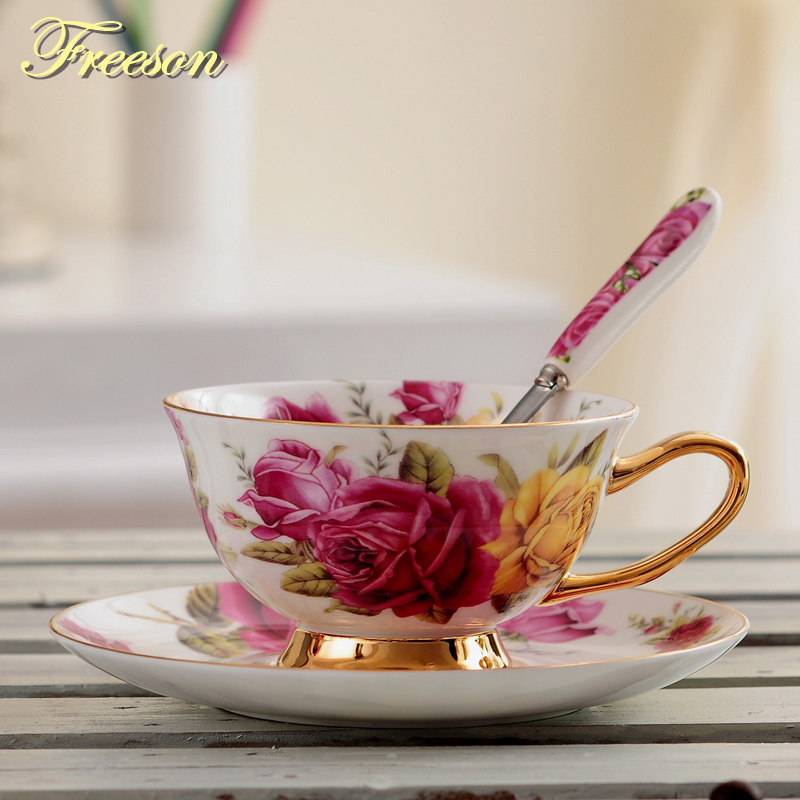 Pastoral Rose Bone China Tea Cup Saucer Spoon Set 200ml Europe Advanced Porcelain Coffee Cup Cafe Ceramic Floral Teacup Dropship