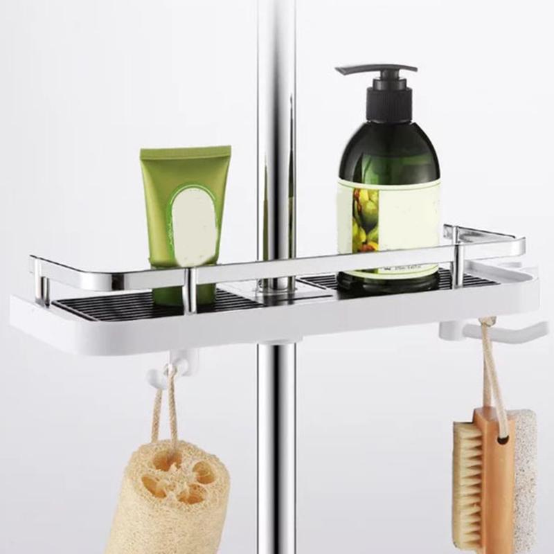 Adjustable Bathroom Shelf Rack Storage Holder Shower Rod Mounted Shampoo Gel Drain Organizer Tray Gadgets