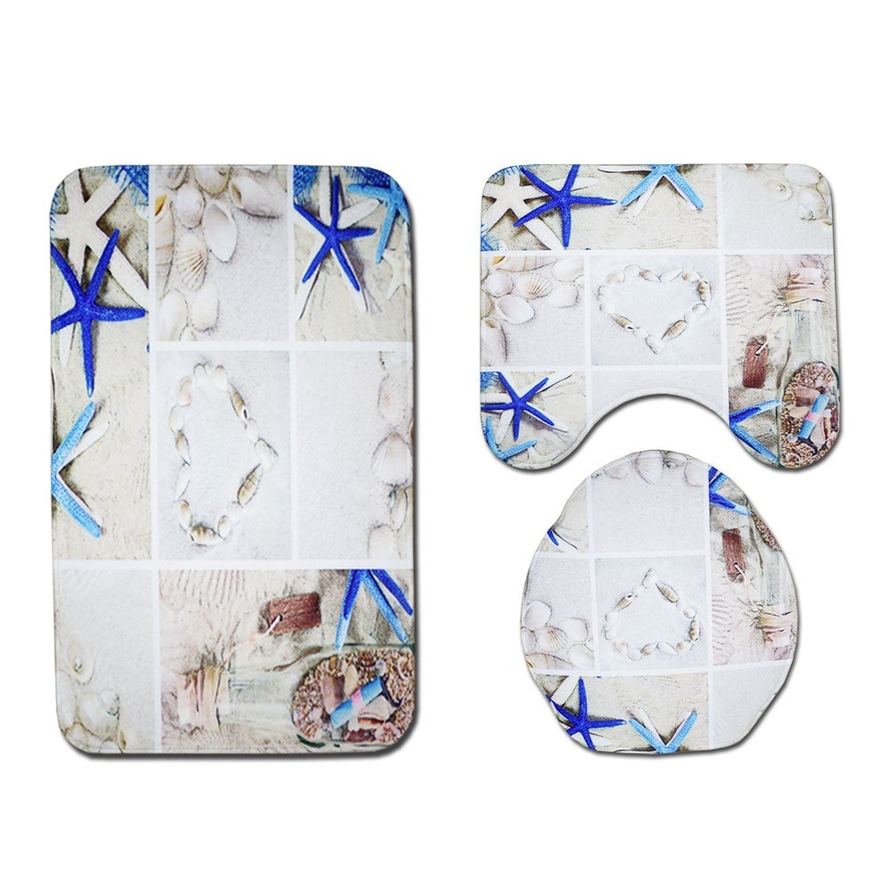 4 In 1 Sea Starfish Shell Beach Waterproof Shower Curtain Set Pedestal Rug Toilet Cover Bath Mat Bathroom Decor With 12 Hooks