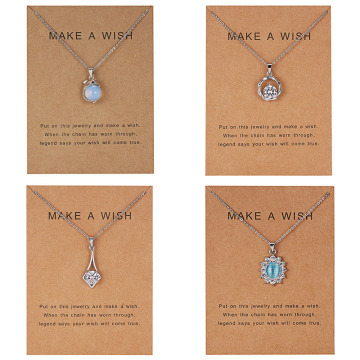 1PC Gorgeous Natural Stone Dolphin Flower Shining Rhinestone Link Chain Necklace With MAKE A WISH Cardboard Charm Jewelry Gift