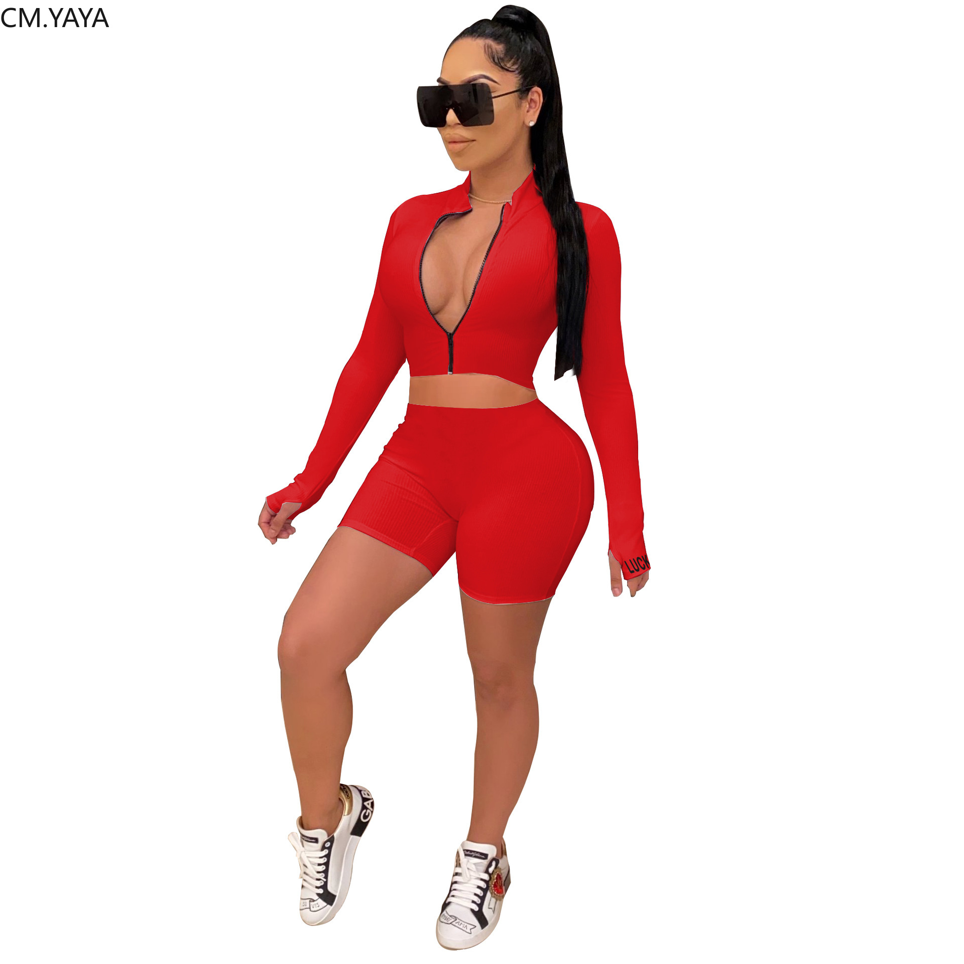 CM.YAYA Sportwear Knitted Ribbed Lucky Embroidery Long Sleeve Zipper Women's Set Tops Shorts Pants Suit Tracksuit Matching Set
