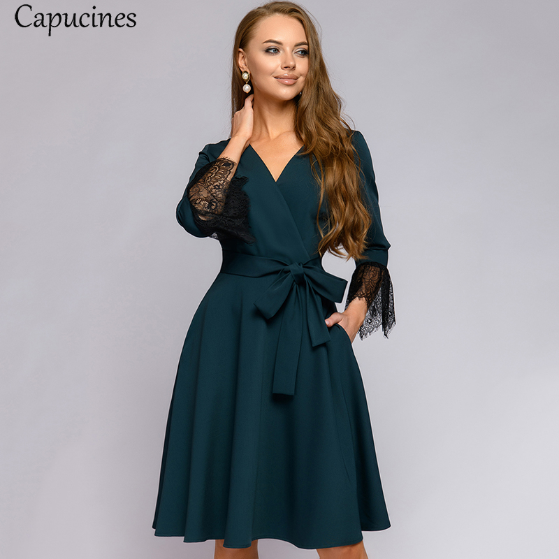 Capucines Elegant Lace Stitching V neck Woman Dress Autumn Wrist Sleeves Sashes Pockets Casual Dresses For Women Office Wear
