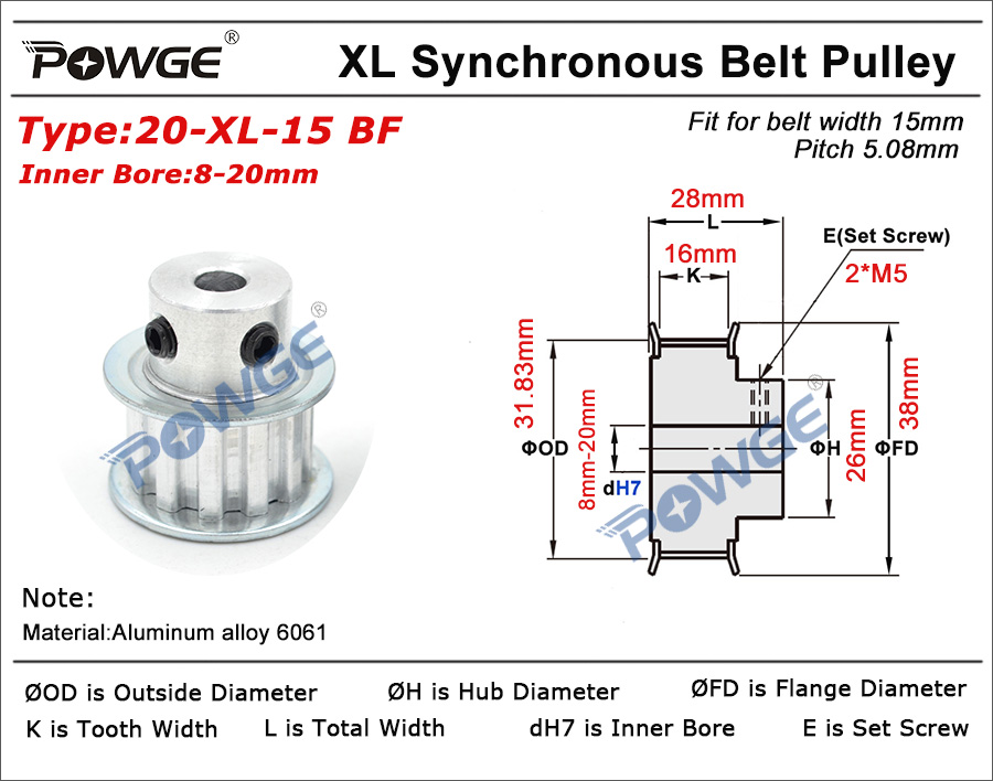 POWGE 20 Teeth XL Timing pulley Bore 4/5/6/6.35/7/8/10/12/14/15/16/17/18/19/20mm for width 10mm XL Synchronous Belt 20teeth 20T