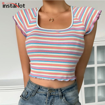 InstaHot striped ruffle short sleeve t shirt square collar cropped top women summer casual rib knit slim bodycon tops 2020 tee