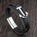 LAMEMDEE Punk Stainless Steel Anchor Bracelets Genuine Leather Bracelet & Bangles for Men Jewelry Black Color Fashion Gift