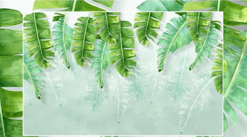 Customized large mural / wallpaper / simple and small fresh green banana leaf watercolor style background wall