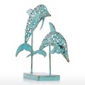 Tooarts Metal Sculpture Two Blue Dolphins Iron Handmade Statue Design Statue Ornament Marine Life Retro Effect Home Decoration