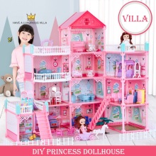 Princess Big Villa DIY Dollhouses Pink Castle Play Room With Figures Kit Assembled Doll House Toys for Girls Children Gifts