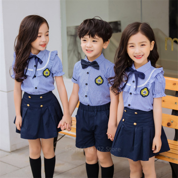 Summer Kids School Uniform Japanese Student Clothing Set Children Boys Girls 2PCs Short Sleeve Navy Suit Primary Kindergarten