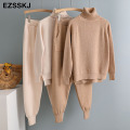 2020 2 Pieces Set Women Knitted Tracksuit Turtleneck Sweater + Carrot Jogging Pants Pullover Sweater Set CHIC Knitted Outwear