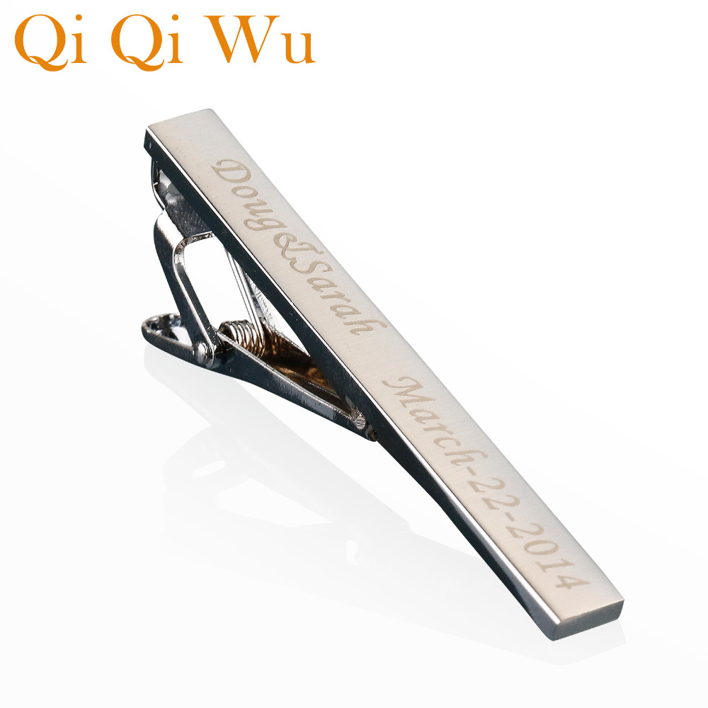 Qi Qi Wu Personalized Custom Silver Tie Clip For Men's Jewelry Customized Engraved Name tie bar Wedding Gifts Groom Men Tie Pin