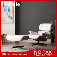 Furgle Classic Style Chaise Chair Black Walnut Color with White Leather Modern Lounge Chair with Ottoman for Office Living Room