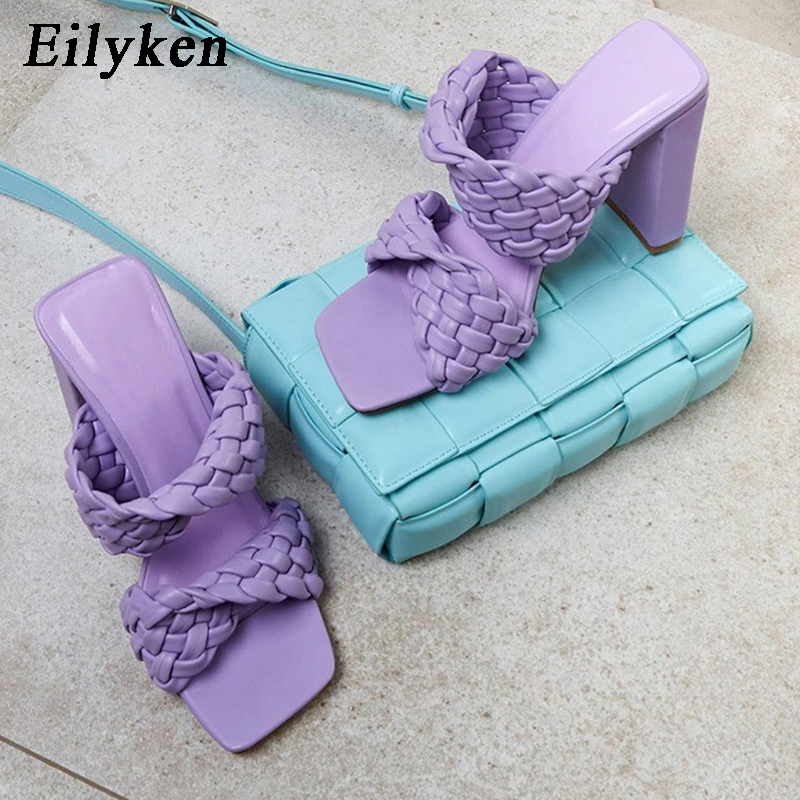 Eilyken Runway Style Cross Wove Folds Women Slippers Fashion Thick Heels Gladiator Sandals Outdoor Beach Slides Mules Shoes