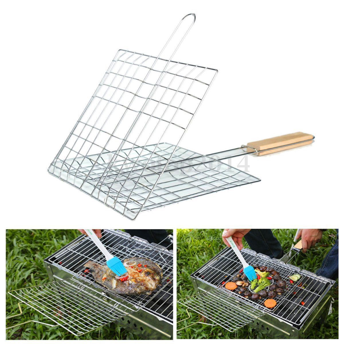 Barbecue Meshes Camping Grill Rack BBQ Clip Folder Grill Roast Folder Basket Tool Meat Fish Vegetable BBQ Tool Wooden Handle