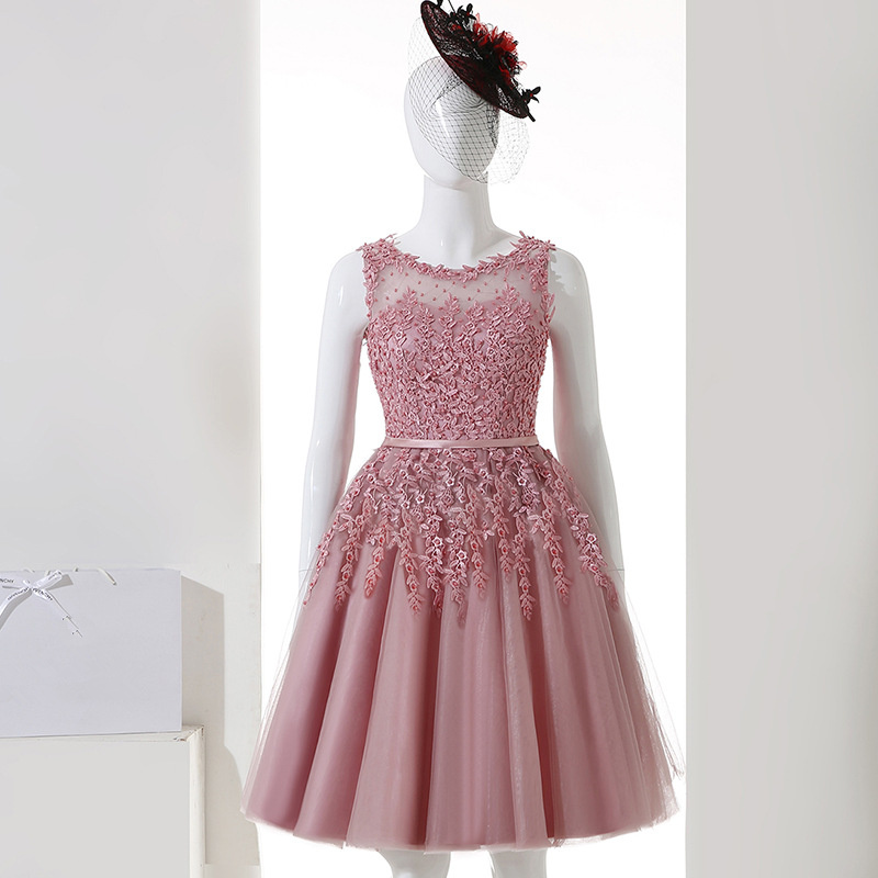 It's YiiYa Cocktail Dress Little Appliques Beading Pink Wedding Formal Dresses Flowers Illusion Knee Length Party Gown LX073-2