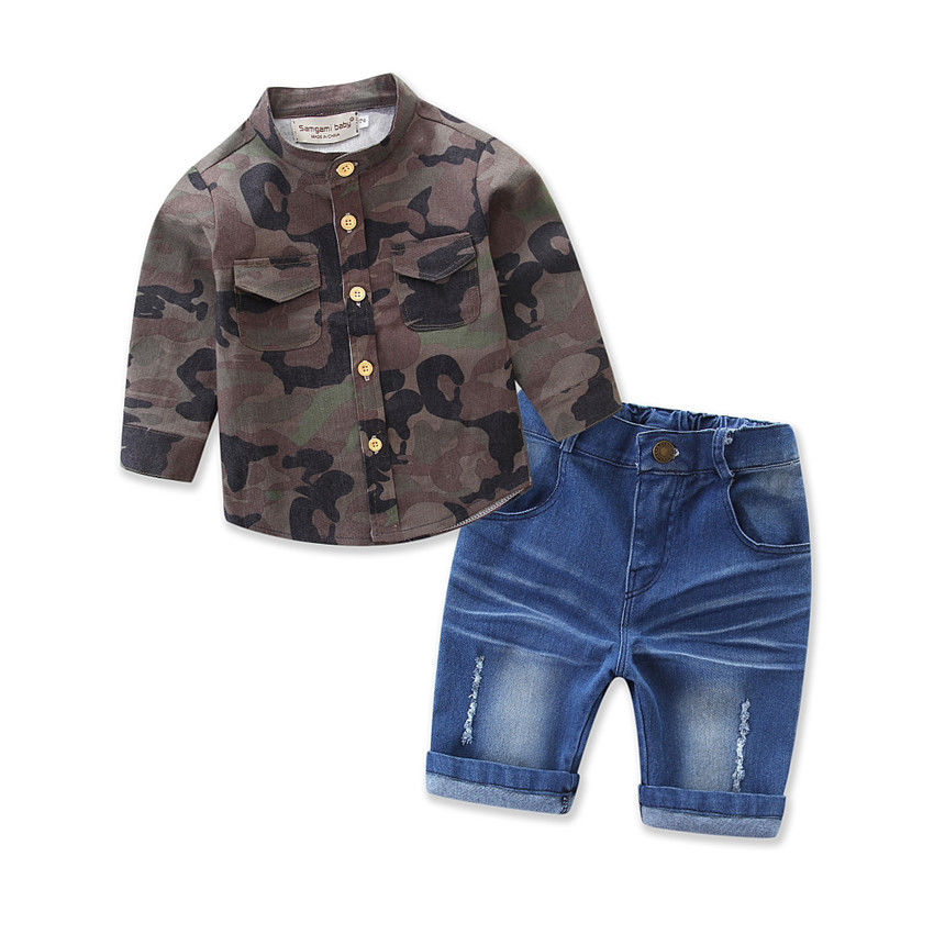 2pcs Toddler Kids Child Baby Boy Camo Shirt Tops Jeans Denin Pants Outfits Summer 2pcs Set Casual Clothes 1-7Y