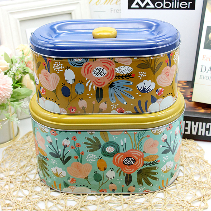 2pcs/set Oval Flowers Desktop Storage Box Kitchen Organizer Metal Box Snack Candy Coffee Tea Cans Container Large Capacity