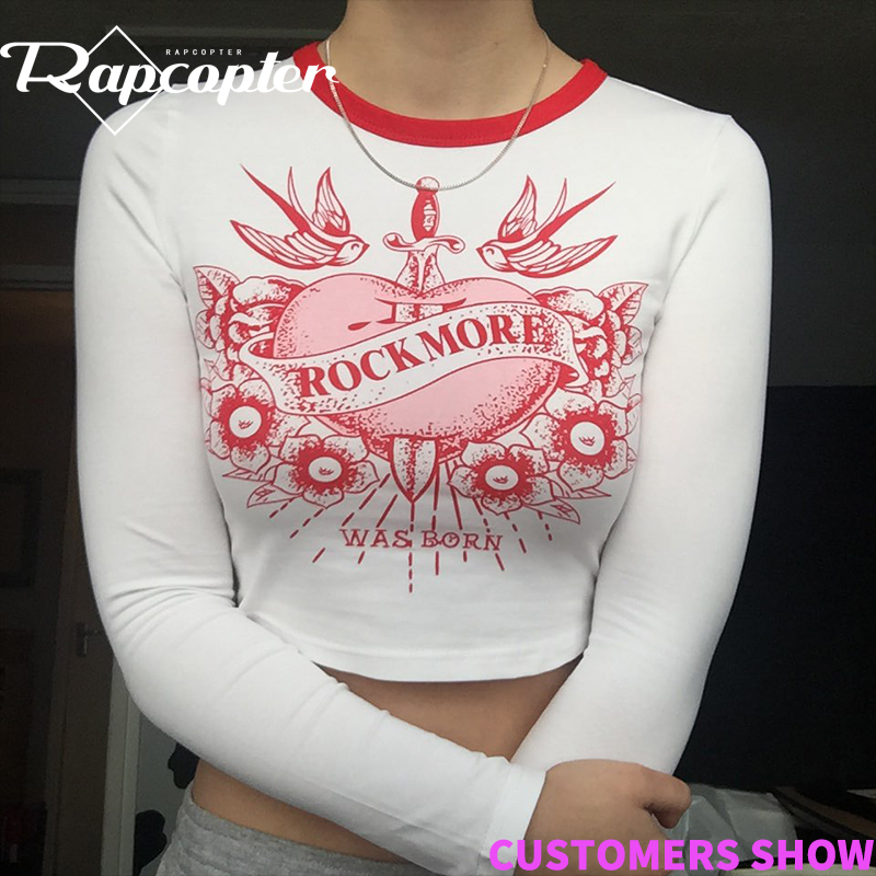 Rapcopter Printed Crop Top Y2K Aesthetic Long Sleeve T Shirt O Neck Pullovers Retro Cute Tshirt Women Autumn Winter Harajuku Top