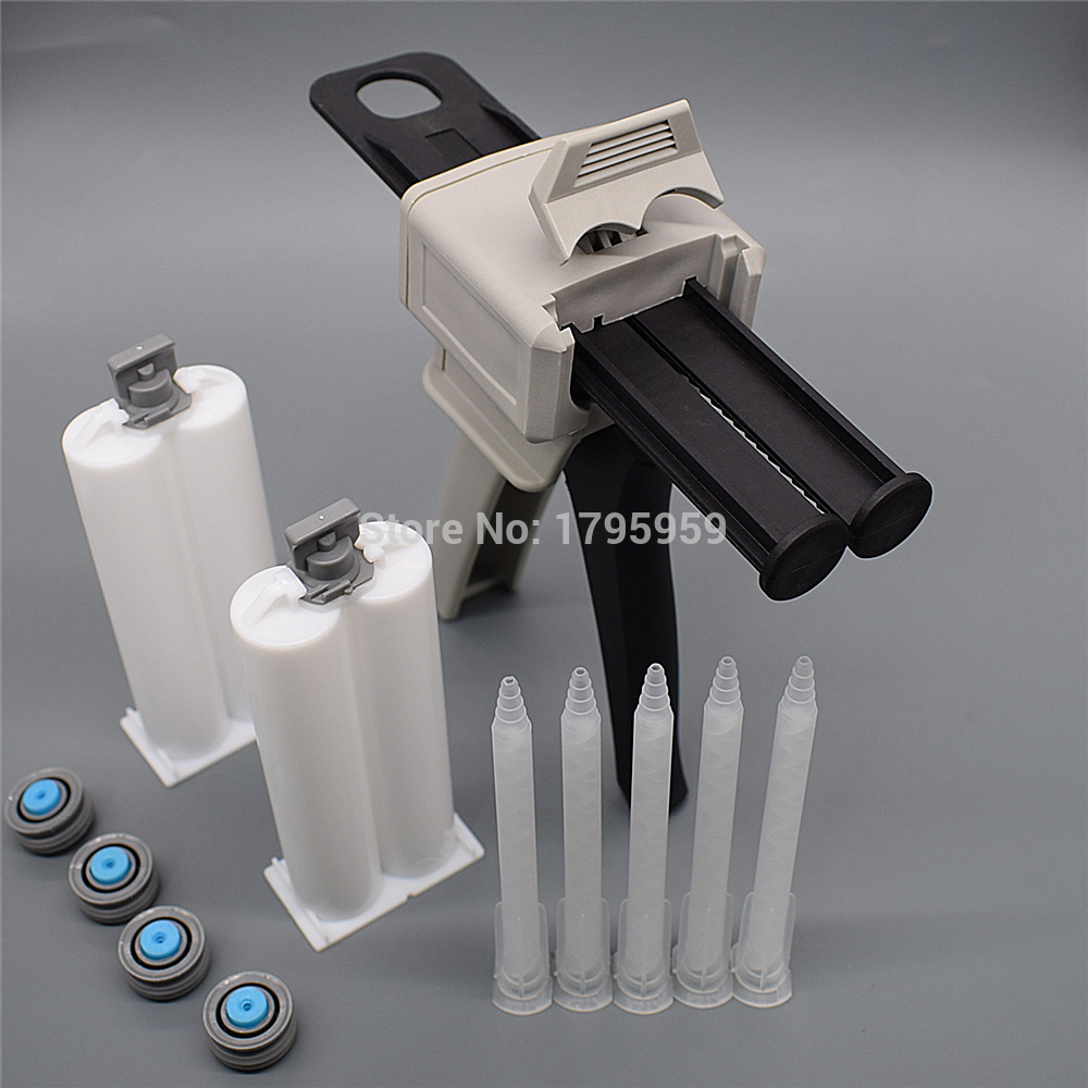 50ml 1:1 AB Glue Gun Applicator Glue Adhensive Caulking Gun with 5pc Static Mixing Nozzles 2pc 50ml Empty Dual-Barrel Cartridge