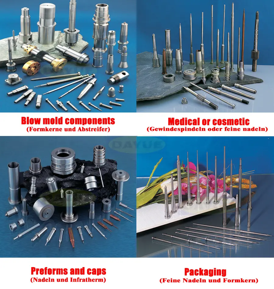 mold parts machining - -Core pins -Cores and inserts -Mold sliders -Gates -