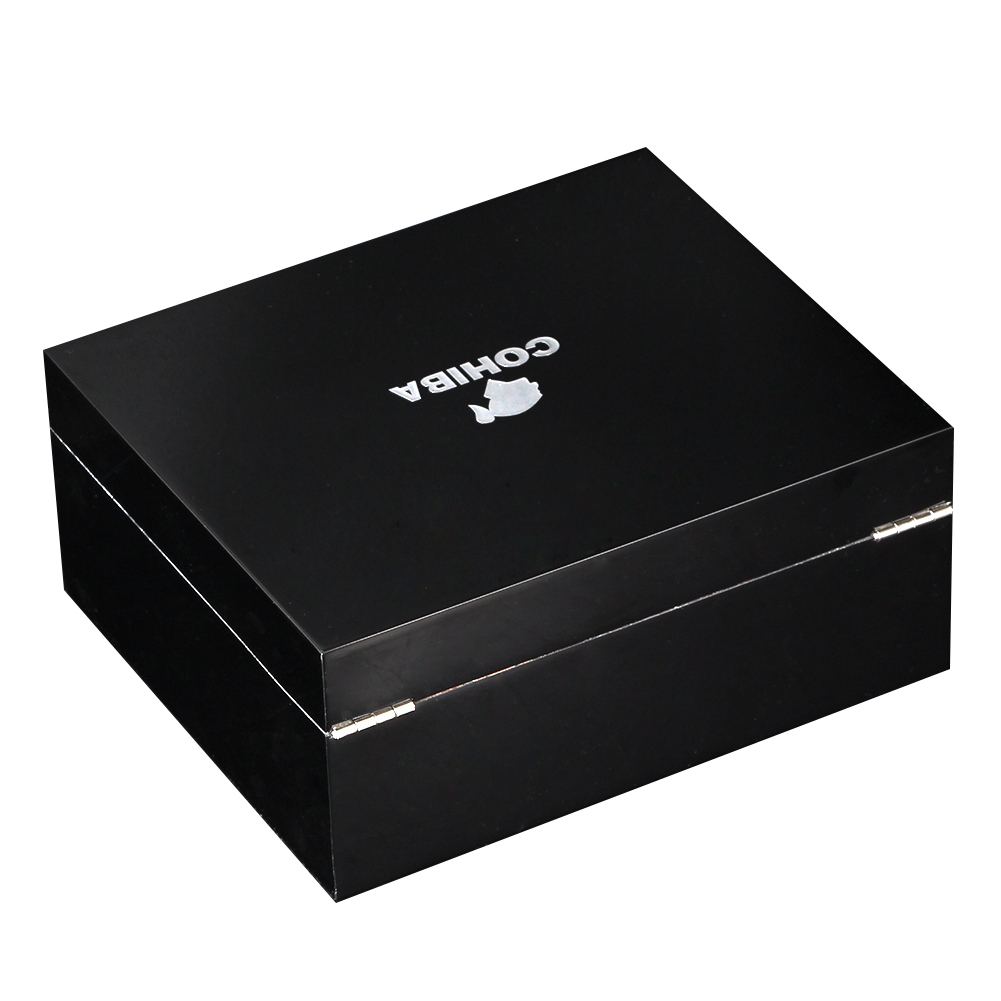 COHIBA Cedar Wood Cigar Box Black Glossy Luxury 30 CT Capacity Home Cigar Humidor Box W/ Hygrometer Humidifier