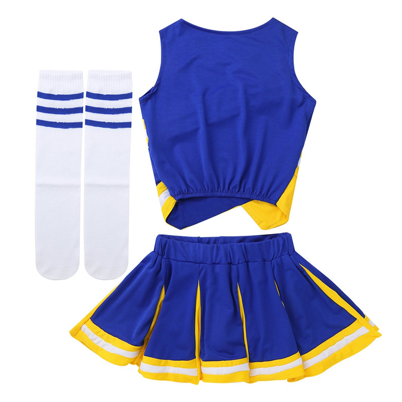 Kids Girls Cheerleading Uniforms Sleeveless Tops Pleated Skirt Socks Set Stage Performance Cheerleader Costume Dancewear Outfit