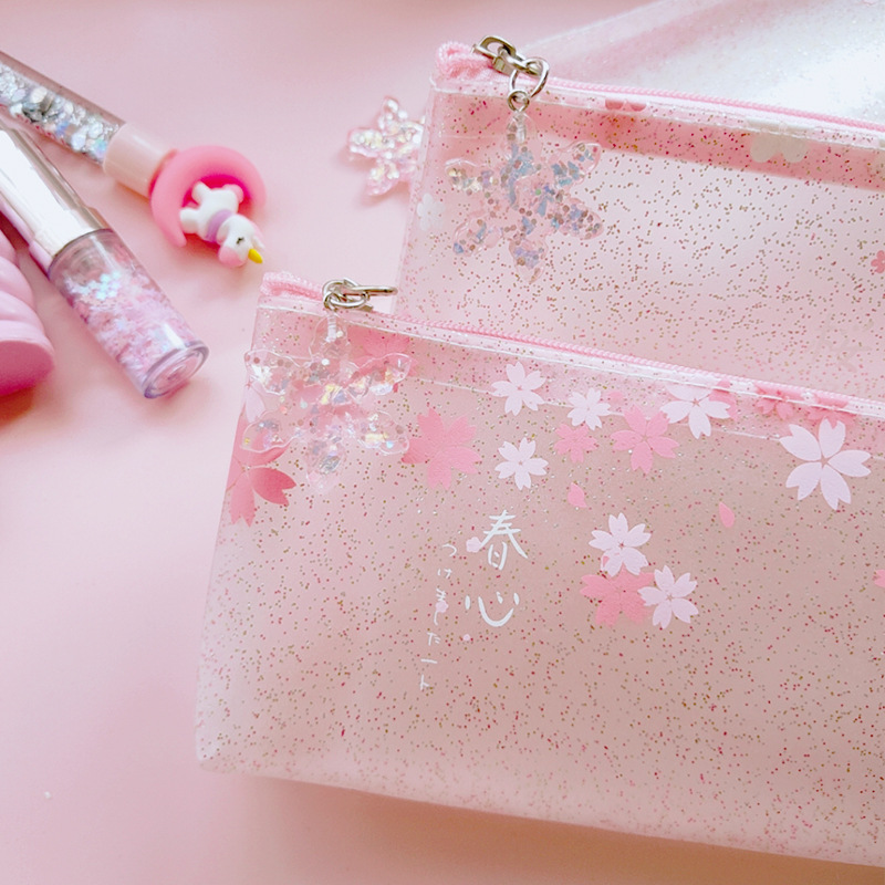 Sweet Pink Glittering Frosted Sakura Pencil Bag Kawaii Pencil Cases Pouch School Office Supplies Korean Stationery Organizer