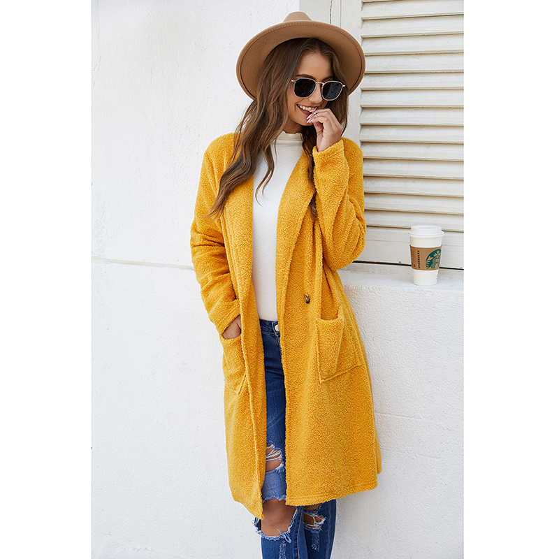 2020 New Fashion Women's Coat Autumn Winter Long-sleeved Plush Wool&Blends Women's Long Coat Winter Yellow/Khaki manteau femme