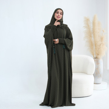 Hooded Crepe Jacquard Abaya Dress with Gathered Cuffs