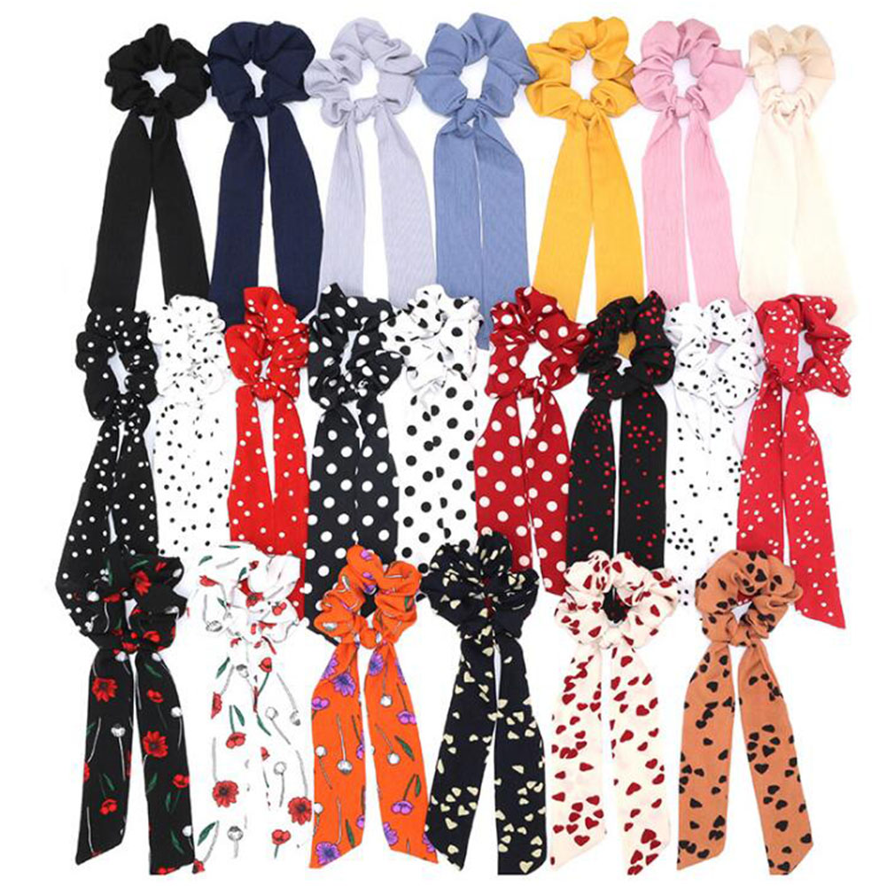 New Sweet Print Ribbon Bow Hair Scrunchie Women Boho Style Elastic Hairband Girls Candy Color Hair Accessories Headband